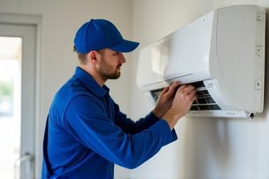 एयर कंडीशनर मरम्मत कर रहा तकनीशियन